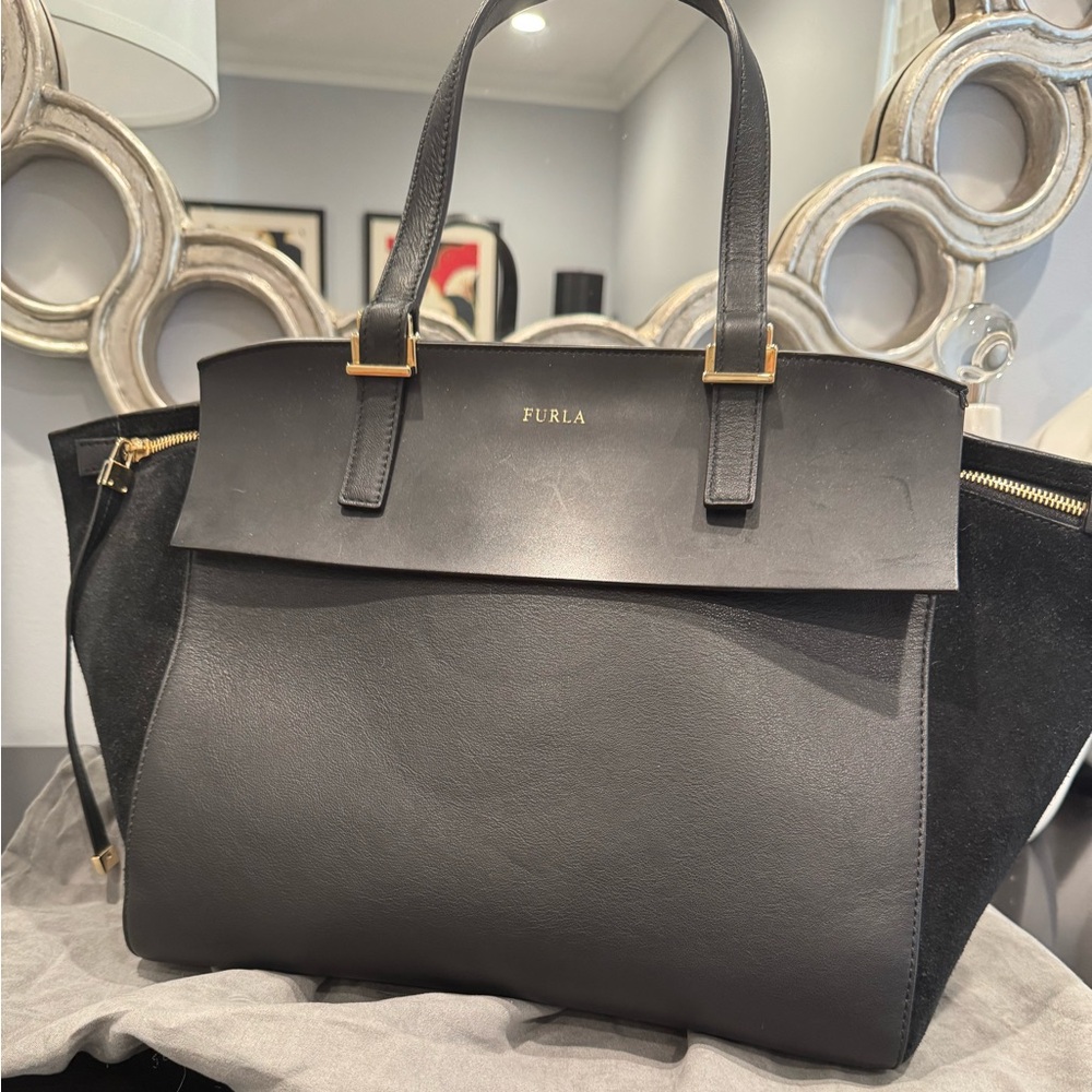Furla Black Leather & Suede Bag with Gold Hardware